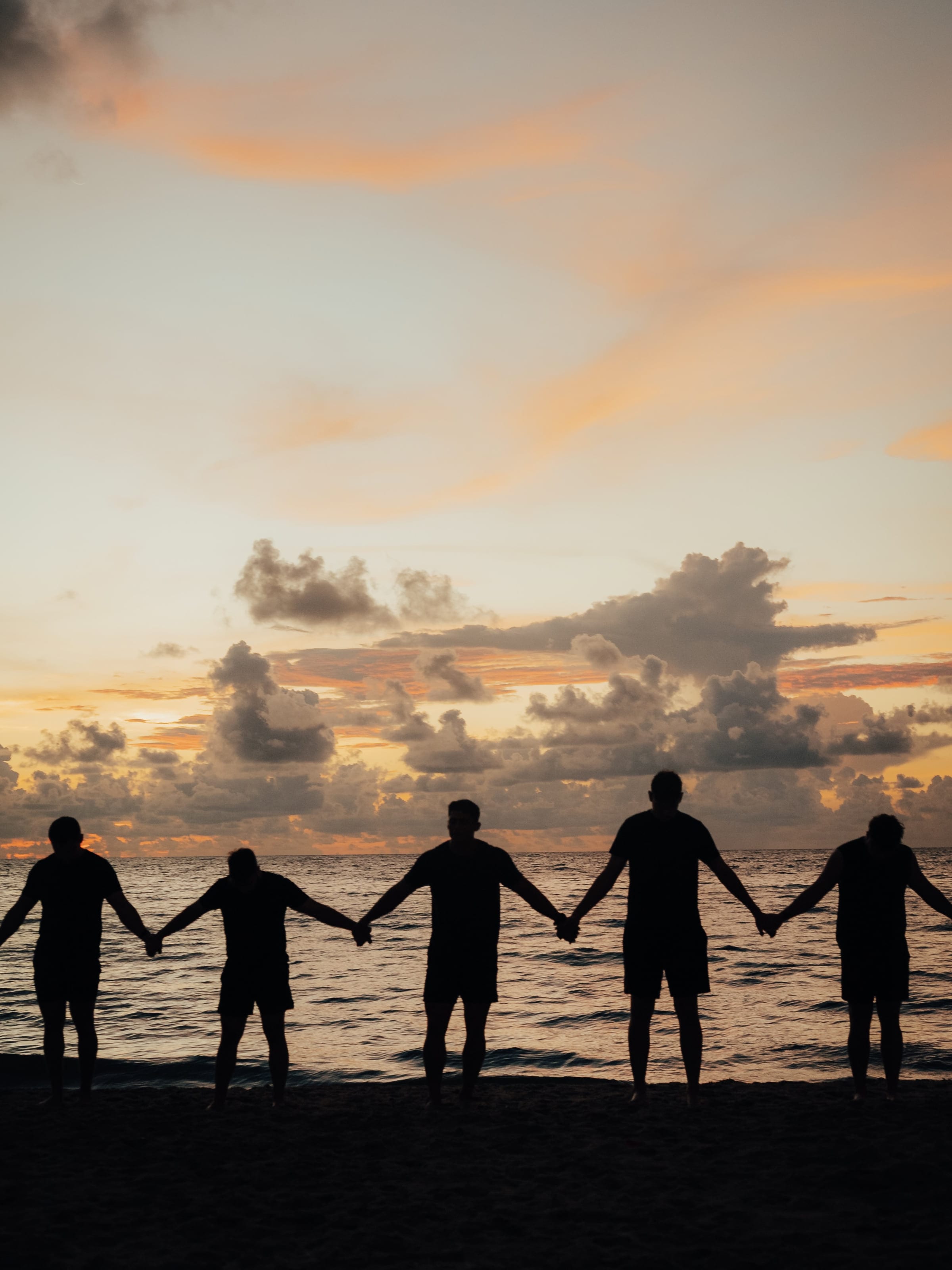 A line of participants holding hands in silhouette on the beach at sunset